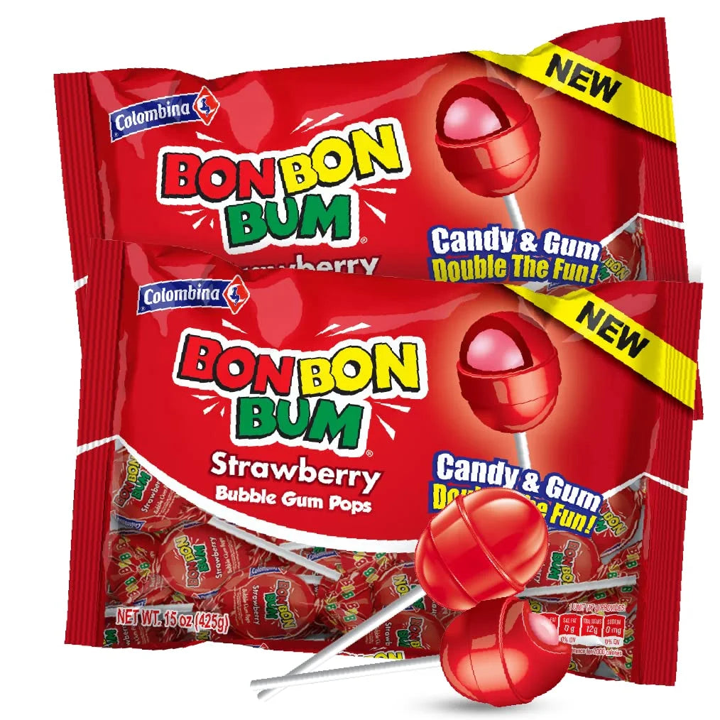 Bon Bon Bum Lollipops with Bubble Gum, Strawberry Flavor - 1 Pack